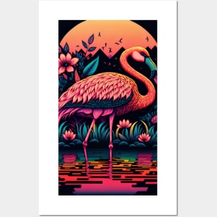 Flamingo and Magic Lake Sunset Posters and Art